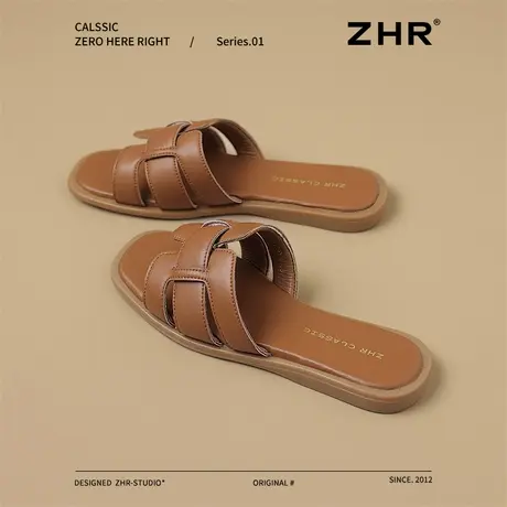 ZHR编织凉拖鞋女2025新款夏季外穿法式平底一字拖真皮凉鞋沙滩鞋商品大图
