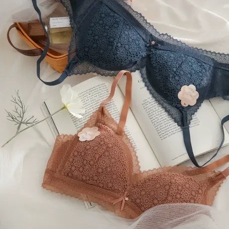 莫代尔内衣女小胸聚拢薄款bra无钢圈收副乳上托甜美蕾丝文胸套装图片