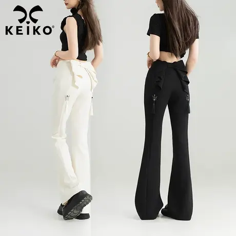 【呼呼严选专享】KEIKO 蝴蝶结girl 2025夏季白色微喇叭休闲裤女商品大图