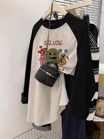 小众设计感宽松插肩长袖t恤女2023秋季大码薄款潮牌ins情侣装上衣商品大图