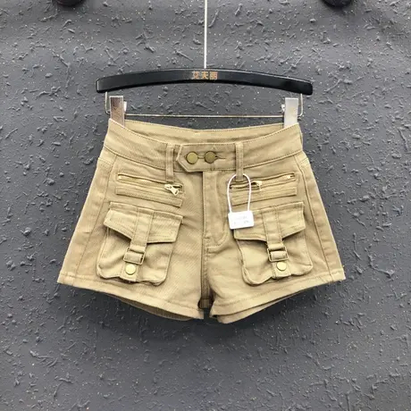 卡其色潮流百搭阔腿热裤女夏季新款工装口袋设计时尚百搭牛仔短裤图片