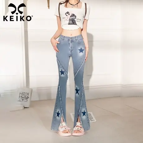 KEIKO 微喇牛仔裤夏季辣妹高腰显瘦弹力设计感开叉喇叭裤子马蹄裤商品大图