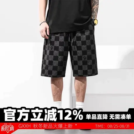 GxxH大码男装潮牌加大号夏季五分裤毛圈面料胖子宽松格子男士短裤商品大图