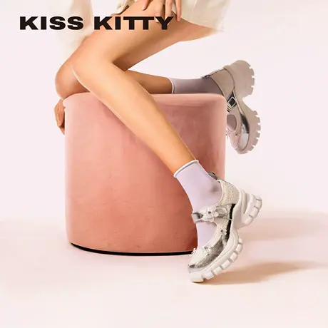 KISSKITTY厚底玛丽珍老爹鞋女新款银色花朵休闲网纱芭蕾运动鞋子商品大图