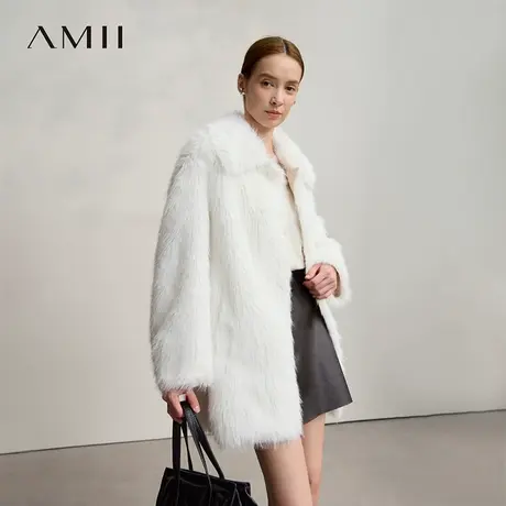 Amii2025秋新款极简纯色轻奢宽松中长翻领环保皮草外套女商品大图