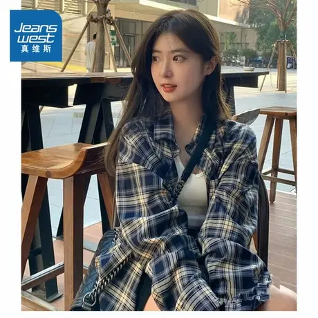 LE真维斯女装2025秋季新款美式复古格子百搭翻领长袖衬衫上衣女商品大图