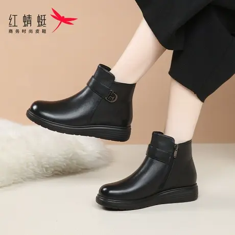 红蜻蜓女靴秋冬季新款妈妈鞋加绒保暖棉靴短靴女平底靴子真皮皮靴图片