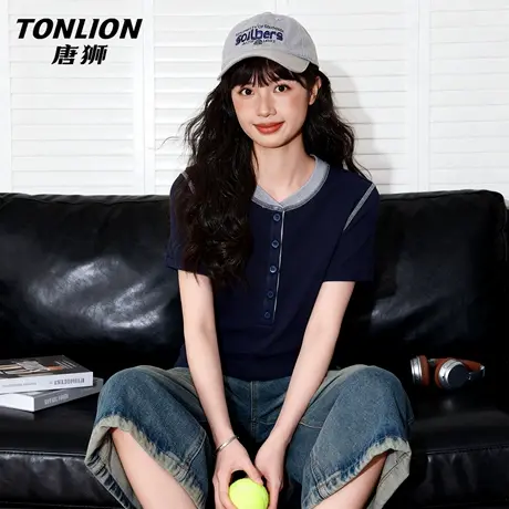 唐狮官方撞色短袖t恤女2026新款夏季显瘦亨利衫半袖小个子上衣VC图片