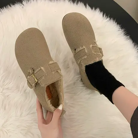 一脚蹬平底毛毛鞋女秋冬外穿棉鞋2023新款复古加绒保暖豆豆勃肯鞋商品大图
