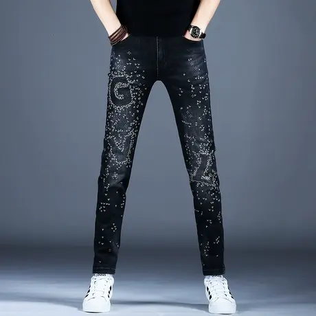 轻奢潮牌牛仔裤男款印花修身小脚秋季弹力裤子男2023新款高档男裤商品大图