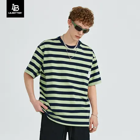 Lilbetter条纹短袖男款夏季T恤撞色体恤纯棉落肩衣服宽松美式上衣商品大图