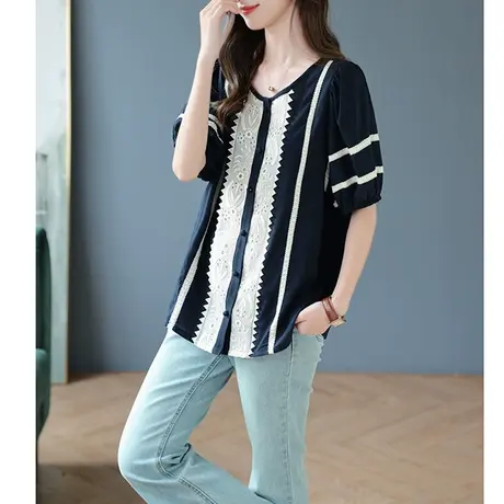 宝诗黎圆领蕾丝刺绣拼接衬衫女夏季短袖上衣2023新款宽松套头衬衣商品大图