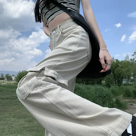 美式工装牛仔裤女春秋季大口袋高腰显瘦宽松直筒垂感拖地裤杏色商品大图