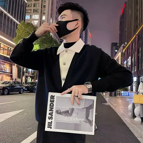 高级感秋冬轻熟拼接假两件毛衣开衫男潮流韩版撞色休闲翻领针织衫商品大图