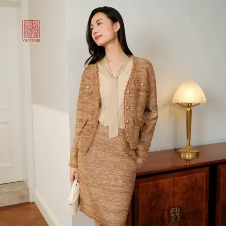 EP雅莹高端系列 绵羊毛V领花呢小香风针织外套 2023秋冬新款9125A商品大图