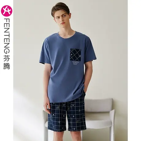 芬腾纯棉男士睡衣夏季短袖短裤休闲可外穿全棉大码青年家居服套装商品大图