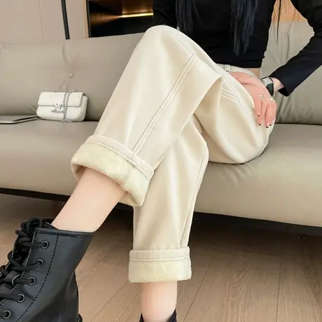 米白色加绒牛仔裤女冬季新款加厚老爹裤高腰显瘦百搭萝卜哈伦裤子商品大图