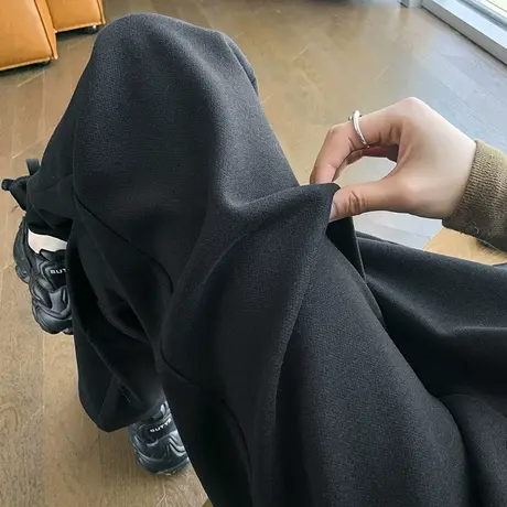 黑色哈伦毛呢裤女冬季新款加绒高腰直筒裤小个子九分显瘦烟管裤子商品大图