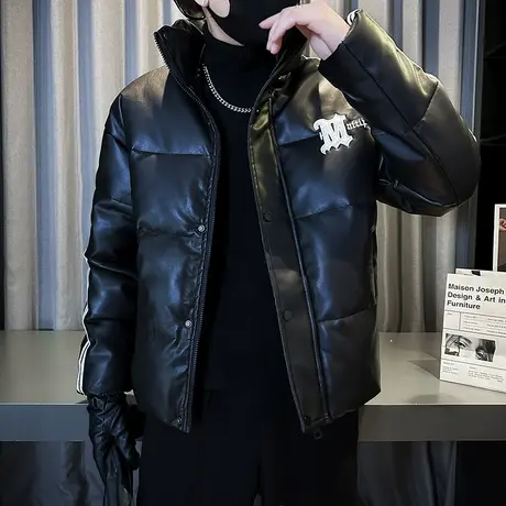 男装2023新款棉服潮流立领厚外套男士软皮棉衣外套冬季修身棉袄男图片