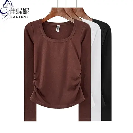 秋冬新款U领纯欲修身显瘦褶皱纯棉纯色简约长袖体恤上衣女打底衫商品大图