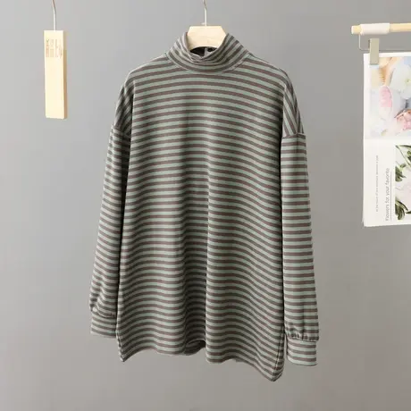 秋冬新款半高领套头条纹上衣女长袖宽松慵懒风t恤加厚德绒打底衫图片