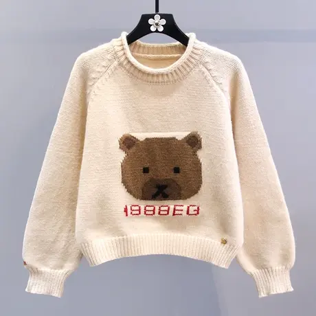日系卡通小熊刺绣毛衣女秋冬2023新款宽松慵懒风小个子打底针织衫商品大图
