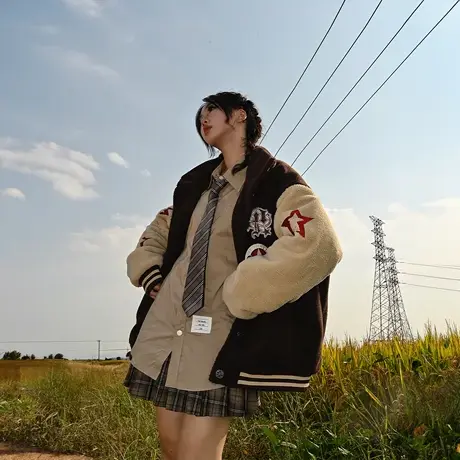 YEP美式拼接棒球服棉服女冬季加厚羊羔毛外套新款复古贴标棉衣商品大图