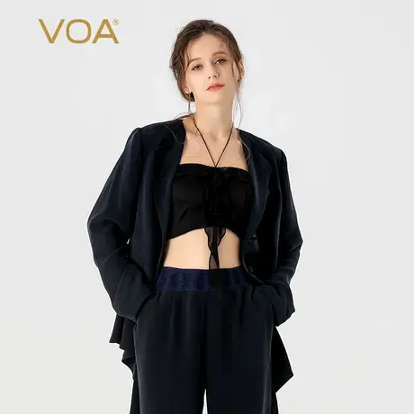VOA30姆米重磅桑蚕丝藏青V领长袖单排两粒扣活页下摆真丝西装外套商品大图
