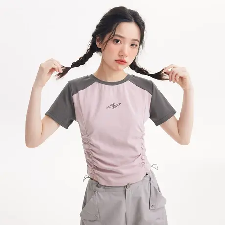 美式复古拼色插肩短袖t恤女夏季小个子修身收腰鱼骨别致短款上衣图片