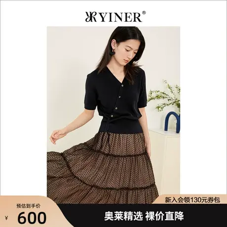 YINER音儿女装2022夏季新款法式斜颈V领短袖针织衫商品大图