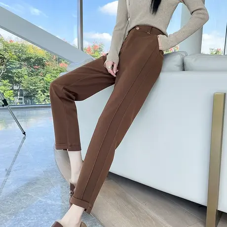 毛呢裤子女冬季新款高腰显瘦加厚窄版直筒小个子九分烟管西装裤子商品大图