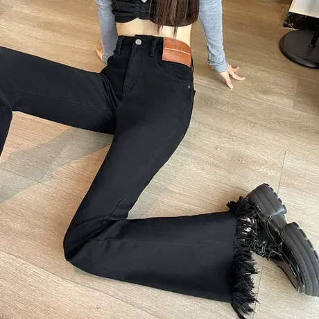 黑色毛边流苏微喇牛仔裤女2024年新款春秋高腰修身辣妹喇叭马蹄裤图片