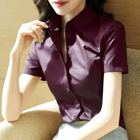 2023夏季v领酒红色职业工装衬衣面试粉色正装收腰黑色短袖衬衫女商品大图