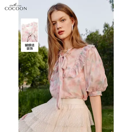 MISSCOCOON泡泡袖印花雪纺衫女装2023夏装新款V领木耳边别致上衣图片