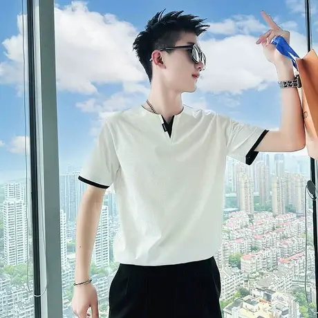 夏季个性潮流休闲拼接V领设计感短袖t恤2023新款潮男小众半袖上衣商品大图