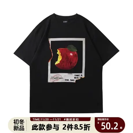 美式复古苹果印花短袖T恤ins风夏季oversize潮牌个性小众情侣上衣商品大图