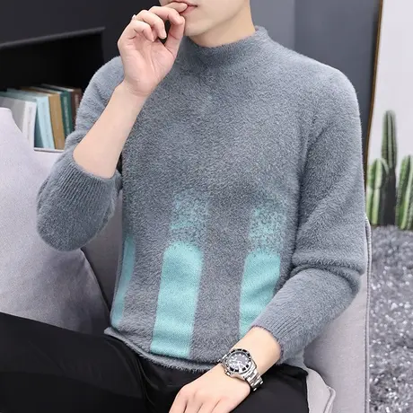 秋冬季水貂绒毛衣男士打底衫青少年学生羊绒衫加绒加厚针织衫上衣商品大图
