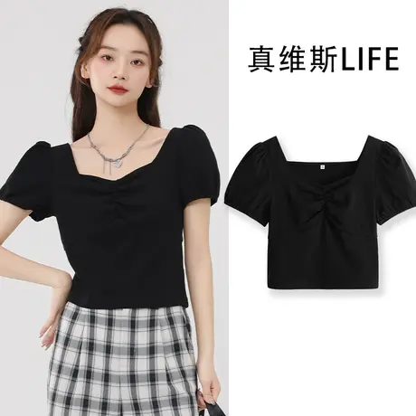 真维斯LIFE方领短袖t恤女2023新款小个子法式泡泡袖短款女上衣夏商品大图