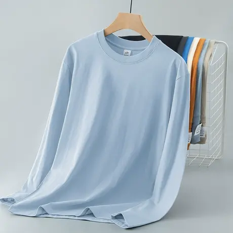 重磅纯棉长袖t恤男女打底衫纯色内搭上衣服宽松圆领秋衣全棉体恤商品大图
