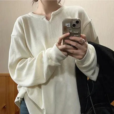 大码设计感小众长袖上衣女打底衫春季新款宽松中长款t恤200斤胖mm图片