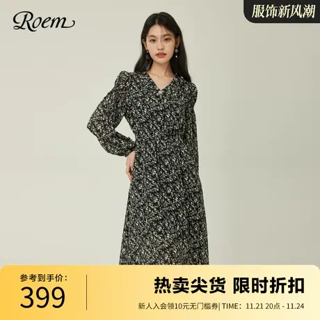 Roem通勤OL风雪纺碎花长款连衣裙2023春秋新款商场同款V领气质图片