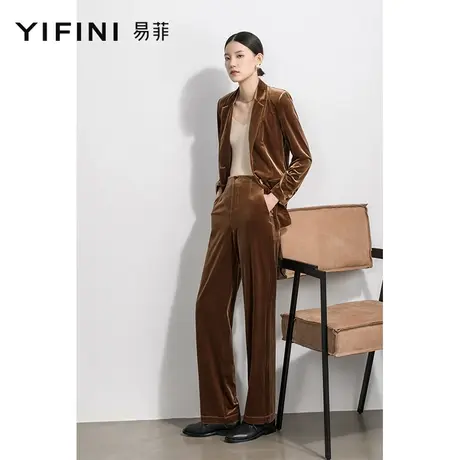 Yifini/易菲春秋新款高级感丝绒直筒长裤高腰宽松遮肉休闲裤商品大图