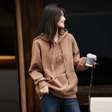 时尚休闲卫衣2023年秋冬新款女百搭宽松加厚显瘦连帽一体绒上衣图片