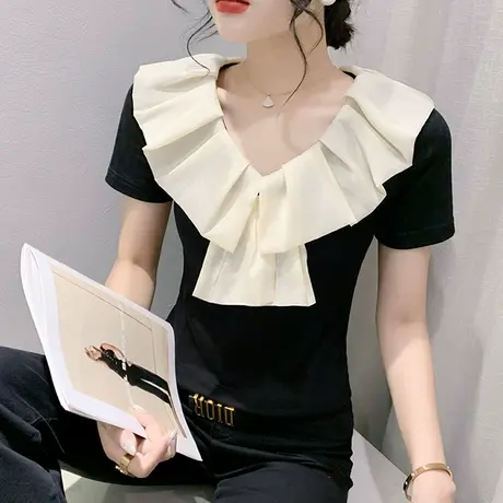 时尚花瓣领网红T恤女2023夏装新款气质撞色上衣设计感修身小衫潮商品大图