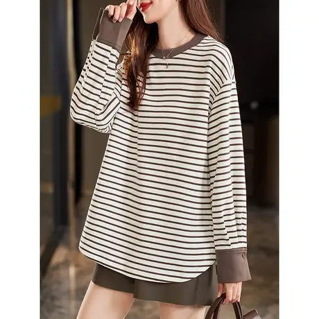 宝诗黎圆领条纹棉质宽松卫衣女长袖T恤拼接套头上衣2023秋季新款商品大图