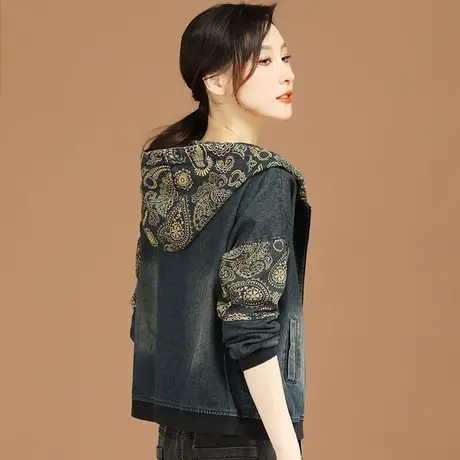 韩潮袭人复古印花休闲连帽牛仔外套女春装2024新款宽松夹克棒球服图片