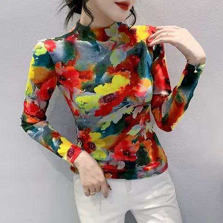 半高领网纱打底衫女秋冬漂亮年轻减龄妈妈上衣显瘦气质T恤长袖商品大图