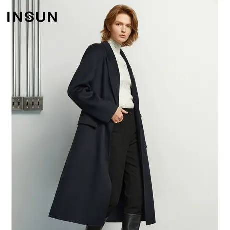 INSUN恩裳冬季双排扣羊毛过膝毛呢大衣商品大图