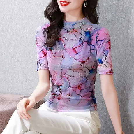 气质复古印花T恤女短袖夏2024新款时尚网纱小衫别致修身立领上衣图片