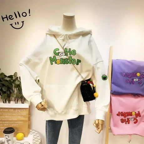 2020秋款韩国东大门cec慵懒休闲毛圈棉连帽卫衣宽松BF大码显瘦潮图片